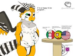 2022 balls condom countryballs dragon dutch_angel_dragon female flag flags furry furry_tail green_eyes italy orange_fur orange_hair portugal pregnant pregnant_belly stripes table white_fur