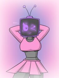 1girls cute female_only high_quality mariah_arts pink_shirt pink_skirt robot robot_girl sam_(mariah_arts) screen_face simple_background solo solo_female solo_focus tv_head yellolight