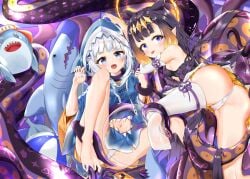 2girls artist_request ass ass_focus belly belly_button big_ass bloop_(gawr_gura) blue_eyes blue_nails book diadem dress fangs female female_focus female_only fingernails flat_chest flat_chested from_behind from_below gawr_gura highres hololive hololive_english hololive_myth hoodie imminent_rape imminent_sex light-skinned_female light_skin long_hair multicolored_hair nail_polish ninomae_ina'nis orange_hair pale-skinned_female pale_skin panties pointy_ears purple_hair self_tentacle_fucking shark shark_girl shark_tail skirt small_breasts stockings tentacle tentacle_rape tentacle_sex thick_thighs thighhighs tiara toenail_polish toenails tongue_out very_high_resolution very_long_hair virtual_youtuber white_hair white_panties