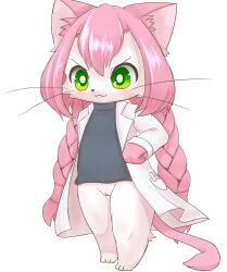 anthro barefoot blush bottomless braided_hair bunnag cat_busters clothed clothing coat domestic_cat feet felid feline felis female fur furry furry_only genitals green_eyes hair hi_res lab_coat long_hair mammal neko_hakase pink_body pink_fur pink_hair pussy simple_background solo standing tail topwear twin_braids twintails whiskers white_background