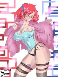 breasts ciaran_dome digimon digimon_story digimon_story:_cyber_sleuth digivice human leggings lingerie nipple_bulge nipples nokia_shiramine panties pantyshot red_hair tongue_out twintails