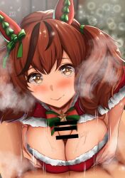 1boy animal_ears bar_censor blush breast_grab breast_squeeze breasts brown_eyes censored christmas cleavage female grabbing heavy_breathing highres horse_ears horse_girl large_breasts looking_at_viewer medium_hair motion_lines multicolored_hair nice_nature_(umamusume) paizuri penis pov red_hair santa_costume shiny shiny_hair shiny_skin shokan_(pixiv61462319) smile solo_focus steaming_body straight streaked_hair sweat umamusume