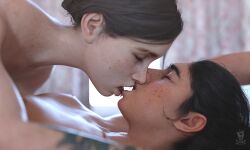 2girls 3d 3d_(artwork) black_hair brown_hair close-up closed_eyes dina_(the_last_of_us) ellie_(the_last_of_us) ellie_williams female female_focus female_only freckles kissing lying_on_back lying_on_bed lying_on_person naughty_dog nipples nude_female rikopin short_hair small_breasts sony_interactive_entertainment tattoo the_last_of_us the_last_of_us_2 tied_hair yuri