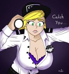 ... blonde_hair bra_showing breasts caught clavicle cleavage dialogue five_nights_at_freddy's five_nights_at_freddy's:_security_breach flashlight frilly_bra green_eyes huge_breasts lipstick pink_lipstick purple_bra security_guard tagme unbuttoned unbuttoned_shirt uniform vanessa_(fnaf) waiftoon