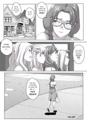 5girls anna_(tekuho) blush braces bullying comic cum_dripping_down_thighs female glasses greyscale jealous jealous_female nerd nerdy_female original teenager tekuho text