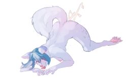 all_fours ambiguous_fluids anthro blue_body blue_fur blue_hair breasts canid corablue digital_media_(artwork) female fur hair mammal nipples nude pawpads simple_background smile solo tongue tongue_out white_background