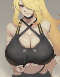 1girls 2022 alternate_breast_size black_clothing black_topwear blonde_hair breasts cleavage cynthia_(pokemon) eu03 female female_only hair_ornament hair_over_one_eye huge_breasts long_hair massive_breasts nintendo pokemon pokemon_dppt ponytail simple_background sportswear wip work_in_progress