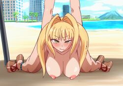 animated areolae arms_up ass_up beach big_breasts blonde_hair blush bouncing_breasts doggy_style eyebrows_visible_through_hair fate/extra fate_(series) footwear front_view green_eyes invisible_man light-skinned_female light_skin looking_at_viewer nero_claudius_(fate) nipples public_sex saber sandals shiny_breasts sutadi toes