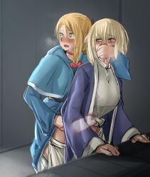 2girls athletic_female athletic_futanari blonde_female blonde_hair blush breasts clothed_sex covering_another's_mouth covering_mouth dungeon_meshi elf falin_touden female futa_on_female futa_with_female futanari gagged green_eyes hand_gagged hand_on_mouth hand_over_another's_mouth hand_over_mouth handgag highres long_hair marcille_donato medium_breasts medium_hair multiple_girls open_mouth pointy_ears raitaroo sex sex_from_behind stealth_sex x-ray yellow_eyes