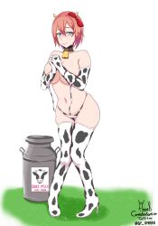 amrak blue_eyes blush covering_breasts cow_bell cow_horns cow_print cow_print_lingerie cow_print_thighhighs crossed_legs_(standing) detached_sleeves doki_doki_literature_club embarrassed embarrassed_female embarrassed_naked_female embarrassed_nude_female enf female grass heels just_sayori looking_at_viewer milk_jug naked naked_female nude nude_female red_hair_bow sayori_(doki_doki_literature_club) strawberry_blonde_hair