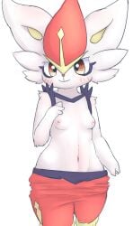 anthro blush breasts bunnag cinderace clothed clothing female fur navel nintendo nipples pokémon_(species) pokemon simple_background small_breasts smile solo standing topless video_games white_background white_body white_fur wide_hips