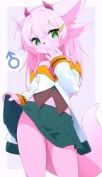 2_horns 4_ears absurd_res anthro bottomwear clothed clothing clothing_lift crossdressing devil-vox femboy fur gender_symbol girly green_eyes hair hi_res horn kemono looking_at_viewer male male_symbol mammal multi_ear navel panties pink_body pink_fur pink_hair red_horn skirt skirt_lift smile smiling_at_viewer solo standing symbol underwear unknown_species