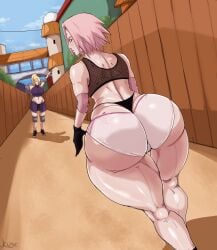 2girls ass big_ass blonde_hair female female_only gloves huge_ass ino_yamanaka jozne large_ass long_hair looking_back naruto naruto_(series) pink_hair sakura_haruno short_hair standing tagme thick_thighs thighs thong translation_request