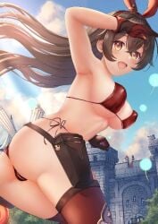 1girls amber_(genshin_impact) ass bow bra breasts brown_hair dandelion eyebrows_visible_through_hair female genshin_impact happy long_hair red_eyes stockings thighhighs