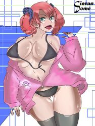 ahe_gao big_breasts bra_snap breasts ciaran_dome digimon digimon_story digimon_story:_cyber_sleuth digivice human nokia_shiramine panties pink_jacket red_hair sweat tongue_out twintails