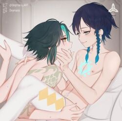 2boys after_oral androgynous bed blue_hair blush braid color cum_on_stomach dead_source deymara femboy gay genshin_impact girly glowing gradient_hair legs_up long_hair looking_at_another nipples open_mouth sweat tattoo teal_eyes thighhighs trap venti_(genshin_impact) xiao_(genshin_impact) yaoi yellow_eyes