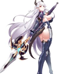 ass bikini_armor dat_ass dragon_girl dragon_tail epic7 female_warrior from_behind holding_weapon horns huge_ass huge_breasts long_hair looking_at_viewer luna_(epic7) sideboob skimpy_clothes spear thong thong_leotard white_hair