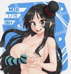 big_breasts birthday black_eyes black_hair breasts duke_wintermaul female female_focus female_only fingerless_gloves glove hat heart_hands heart_symbol k-on! large_breasts long_hair mio_akiyama_(k-on!) nipples topless young_savage