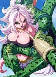 1boy 1boy1girl 1girls android_21 android_21_(evil) belly belly_button big_breasts bio-android_(dragon_ball) black_sclera breasts cell_(dragon_ball) cleavage clothed clothed_female crop_top dragon_ball dragon_ball_fighterz dragon_ball_z earrings female_focus fingers_interlocked flustered gold_choker hoop_earrings imperfect_cell leg_lock majin_android_21 open_mouth pink_skin pointy_ears red_eyes rom sharp_fingernails surprised sweat sweatdrop tail white_hair white_pants