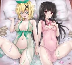 2girls akatsuki_kirika bangs bed black_hair blonde_hair blunt_bangs blush breasts condom green_eyes green_panties hair_ornament heavy_breathing implied_after_sex lingerie long_hair lying medium_breasts multiple_girls navel negligee nipples on_back panties pink_eyes pubic_hair pussy_juice r-binon see-through senki_zesshou_symphogear shiny shiny_hair shiny_skin short_hair sweat tsukuyomi_shirabe underwear used_condom x_hair_ornament