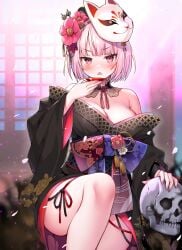 angry ayaoshiro big_breasts blush cleavage crossed_legs female flower_in_hair fox_mask hair_ornament hololive hololive_english hololive_myth inviting japanese_clothes kimono looking_at_viewer mori_calliope pink_eyes pink_fingernails pink_hair plate ribbon sakura_petals short_hair skull solo tagme thick thick_thighs virtual_youtuber voluptuous white_background wide_hips