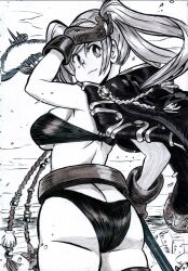 1girls alex_ahad alternate_costume ass beach belt bikini black_and_white coat fire_emblem fire_emblem_awakening fire_emblem_heroes gloves looking_back nintendo ocean official_alternate_costume robin_(female)_(summer)_(fire_emblem) robin_(fire_emblem) robin_(fire_emblem)_(female) sand solo swimsuit trident twintails