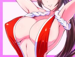 1girls armpits big_breasts brown_hair busty cleavage fatal_fury female female_only gel_(guyver123) king_of_fighters light-skinned_female light_skin mai_shiranui opening_shirt red_dress smile snk solo