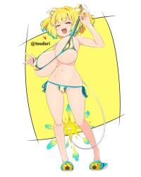 bikini blonde_hair blue_eyes blue_hair bombergirl breasts explosive female fuse_tail gigantic_breasts grenade grenade_hair_ornament lit_fuse multicolored_hair pine_(bombergirl) short_hair smug solo swimsuit toudori twintails two-tone_hair yellow_bikini yellow_pupils