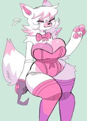 1girls anthro big_breasts bowtie breasts canid canine cleavage clothed clothing cute eyes_closed female female_only five_nights_at_freddy's fox fox_ears fox_tail fur furry green_background hair hips hook hook_hand leotard mangle_(fnaf) nervous paws pink_fur pink_hair puppychan simple_background smile solo strapless_leotard tagme thick_thighs thighhighs thighs voluptuous white_fur white_hair wide_hips