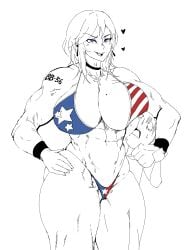 1girls abs american_flag_bikini azur_lane bangs bare_shoulders biceps bikini blue_eyes breasts choker cleavage collarbone cross cross_choker cross_necklace earrings eyebrows_visible_through_hair female flag_print highres jewelry large_breasts limited_palette mole mole_on_breast muscular muscular_female navel necklace open_mouth secksei sidelocks smile solo standing swimsuit thick_thighs thighs washington_(azur_lane) white_background