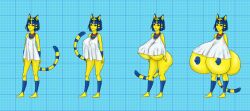 animal_crossing ankha anthro ass_growth blue_hair blue_nipples breast_growth clumsy-carew egyptian erect_nipples feline female frown furry huge_breasts nintendo short_hair solo striped_tail tail yellow_fur