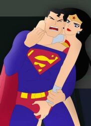 1boy 1girls amazon black_hair choke crown dc dc_comics dcau female femdom grabbing_penis justice_league kryptonian male malesub penis_grab superhero superheroine superman superman_(series) supermaxx92 wonder_woman wonder_woman_(series)