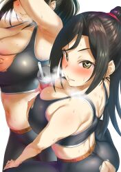 1girls areolae black_hair blush breasts curvaceous curves erect_nipples female huge_breasts human idolmaster idolmaster_cinderella_girls large_breasts long_hair looking_at_viewer mm_(yoromu) mukai_takumi multiple_views nipples simple_background solo sports_bra sportswear sweat torn_shirt very_high_resolution white_hair yoga_pants