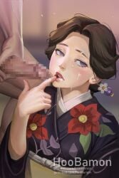 1boy 1girls after_oral black_hair censored cum cum_in_mouth cum_on_face cum_trail demon_slayer erection faceless_male female female_focus finger_to_mouth hair_bun hair_ornament half-closed_eyes holding_penis hoobamon kimetsu_no_yaiba kimono mature_female milf mosaic_censoring penis purple_eyes tamayo_(kimetsu_no_yaiba)