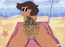 1girls amphibia ass ass_focus beach big_ass big_breasts clothed feet female female_only j8fraph leopard_print looking_at_viewer milf mrs._boonchuy ocean oum_boonchuy smooth_skin solo sunbathing sunglasses swimsuit thick_thighs