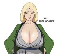 1girls 2022 anger_vein angry annoyed blonde_hair blush boruto:_naruto_next_generations breaking_the_fourth_wall breast_focus breasts breasts_bigger_than_head brown_eyes bust clavicle cleavage clothed clothed_female collarbone dialogue disgusted earrings embarrassed english_text female female_only forehead_jewel forehead_mark green_clothing hoop_earrings huge_breasts long_cleavage long_hair looking_at_viewer mature_female naruto naruto_(series) naruto_shippuden simple_background talking_to_viewer text top_heavy_breasts tsunade white_background wide_sleeves zetomeso