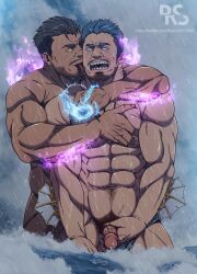 2boys abs absurdres bara black_hair blue_eyes blue_hair completely_nude couple dagon_(tokyo_afterschool_summoners) dark-skinned_male dark_skin energy facial_hair fish_boy flaccid gay grabbing happy_sex highres interracial large_pectorals licking licking_another's_face long_sideburns male male_focus male_only male_pubic_hair multiple_boys muscular muscular_male navel_hair nipples nude old old_man pectoral_grab pectorals penis pubic_hair rain ryans short_hair sideburns stomach stubble testicles tokyo_afterschool_summoners tongue tongue_out triton_(tokyo_afterschool_summoners) uncensored veins veiny_penis water wet yaoi yellow_eyes