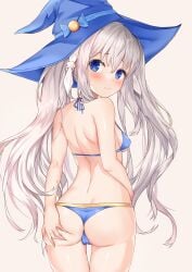 absurdres ass ass_grab back bangs barefoot bikini blue_bikini blue_eyes blue_headwear blush breasts closed_mouth commission deogho_(liujinzy9854) eyebrows_visible_through_hair female female grabbing_own_ass grey_hair hair_between_eyes hair_ribbon hat hat_ribbon highres korean_commentary long_hair looking_at_viewer looking_back original ribbon shoulder_blades sidelocks simple_background small_breasts solo standing swimsuit thigh_gap thighs very_long_hair witch witch_hat