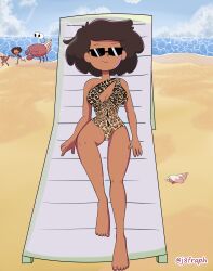 1girls amphibia anne_boonchuy beach big_breasts cleavage cleavage_cutout clothed feet female female_focus female_only j8fraph leopard_print looking_at_viewer milf mrs._boonchuy ocean oum_boonchuy smooth_skin solo sprig_plantar sunbathing sunglasses swimsuit thick_thighs