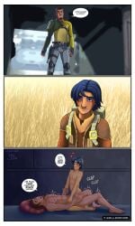 2boys anal anal_sex areolae blue_hair blush brown_eyes brown_hair closed_eyes clothed clothing comic cowgirl_position english_text erection ezra_bridger gay hjbender kanan_jarrus male_focus male_only nipples penis revealing_clothes short_hair star_wars star_wars_rebels text twink watermark yaoi