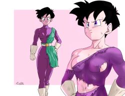 1girls absurdres bodysuit boots dragon_ball dragon_ball_z female gloves great_saiyaman_2 great_saiyawoman highres nipples short_hair shounen_jump simple_background solo tagme teenager torn_clothes videl