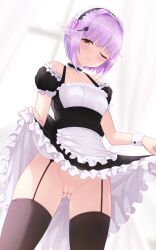 apron black_legwear blush cait female garter_straps idolmaster koshimizu_sachiko maid maid_apron maid_headdress purple_hair pussy solo standing thighhighs wink wrist_cuffs