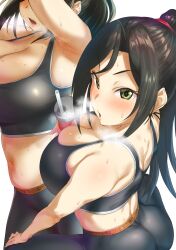 1girls 2021 ass bangs bare_shoulders black_hair black_pants black_sports_bra blush breasts cleavage collarbone cup curvaceous curves female green_eyes highres huge_breasts human idolmaster idolmaster_cinderella_girls large_breasts long_hair looking_at_viewer looking_back mm_(yoromu) mukai_takumi multiple_views open_mouth pants parted_bangs ponytail simple_background solo sports_bra sportswear sweat tight tight_pants very_high_resolution white_hair yoga_pants