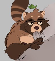 2021 anthro belly brown_body canid canine duo erection eyewear genitals glasses hi_res humanoid_genitalia humanoid_hands humanoid_penis leaf male mammal oral overweight overweight_male penis raccoon_dog roseonapot solo_focus tanuki