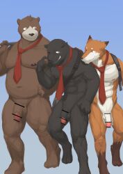 2022 anthro balls barontoko belly blue_background brown_body canid canine censored felid flaccid fox genitals group hi_res kemono male mammal moobs mostly_nude muscular muscular_male navel necktie necktie_only nipples orange_body overweight overweight_male pantherine penis simple_background ursid