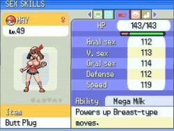 aged_up alternate_breast_size animated bandana big_breasts bouncing_breasts breasts brown_hair cleavage cleavage_cutout covered_breasts english_text gameplay_mechanics horny horny_female huge_breasts human may_(pokemon) nintendo pixel_art pokemon pokemon_rse stats turtle_sausage turtle_soup wide_hips