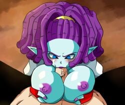 1girls alien_human alien_look_like_human angry artist_request blue_eyes blue_skin blush blushing boobjob dragon_ball dragon_ball_super dreadlocks extraterrestrial extraterrestrial_human granolah interracial large_breasts large_penis lipstick macki milf oral oral_sex paizuri pointy_ears pov purple_eyes purple_hair purple_nipples questionable_consent titjob unseen_male_face veiny_penis