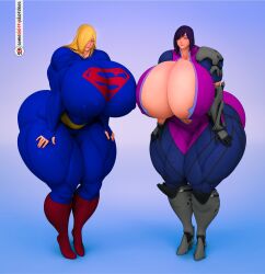 2girls big_breasts breasts dc dc_comics duo female gigantic_breasts high_heel_boots high_heels huge_breasts muscle muscular muscular_female muscular_thighs original_characters simple_background someshittysketches superwoman thick thick_thighs widowmaker_(cosplay)