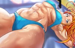 1girls abs armpits arms_above_head arms_behind_back athletic athletic_female belly big_breasts bra breasts captain_mizuki daraz18aka female female_focus female_only long_hair looking_at_viewer lying_down lying_on_back lying_on_floor muscular muscular_arms muscular_female navel one-punch_man orange_hair pose purple_eyes seductive seductive_eyes seductive_look seductive_mouth smile smiling smiling_at_viewer solo solo_female solo_focus tagme thick_legs thick_thighs toned_body toned_female