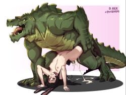 animated artist_name black_hair breasts bunny_ears claws cum cum_drip cum_inside cum_overflow d-rex fandoodoo green_scales holding_thigh lizardman long_hair nipples pale-skinned_female rape reptile scalie sex sound thighhighs video